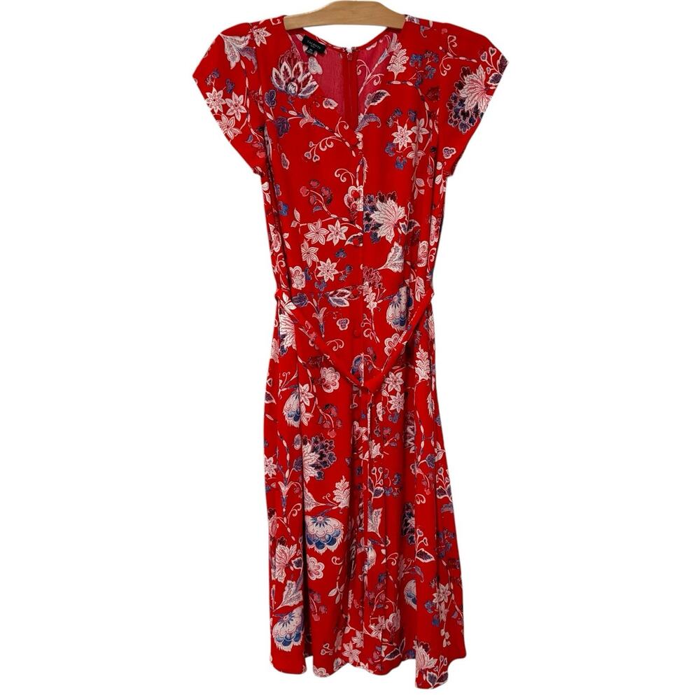 Talbots | Midi Dress Red Floral Short Sleeve Classic Belted- Size 10 Petite